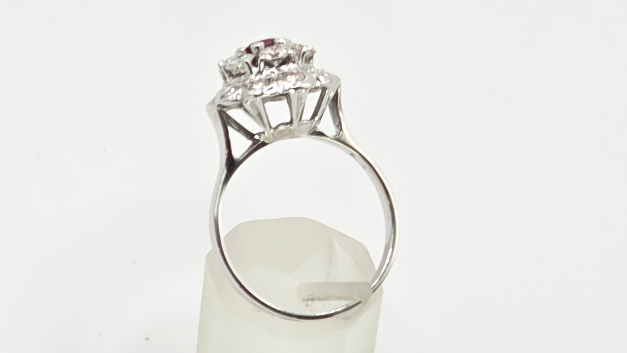 2821- Vintage 14ct White Gold  Ruby Natural Sparkling Diamonds (1.58ct) Cluster Ring