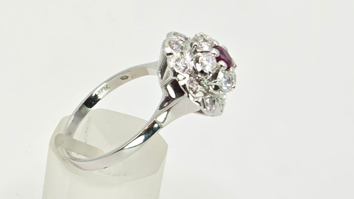2821- Vintage 14ct White Gold  Ruby Natural Sparkling Diamonds (1.58ct) Cluster Ring