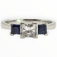 Load image into Gallery viewer, 2822: Platinum Princess Cut Diamond (0.45ct) Blue Sapphires 3-Stone Ring
