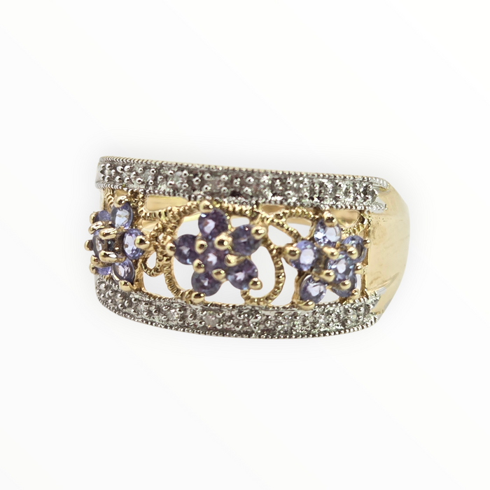 2938- Vintage 9ct Gold Iolites Natural Sparkling Diamonds Flower Head Cocktail Ring