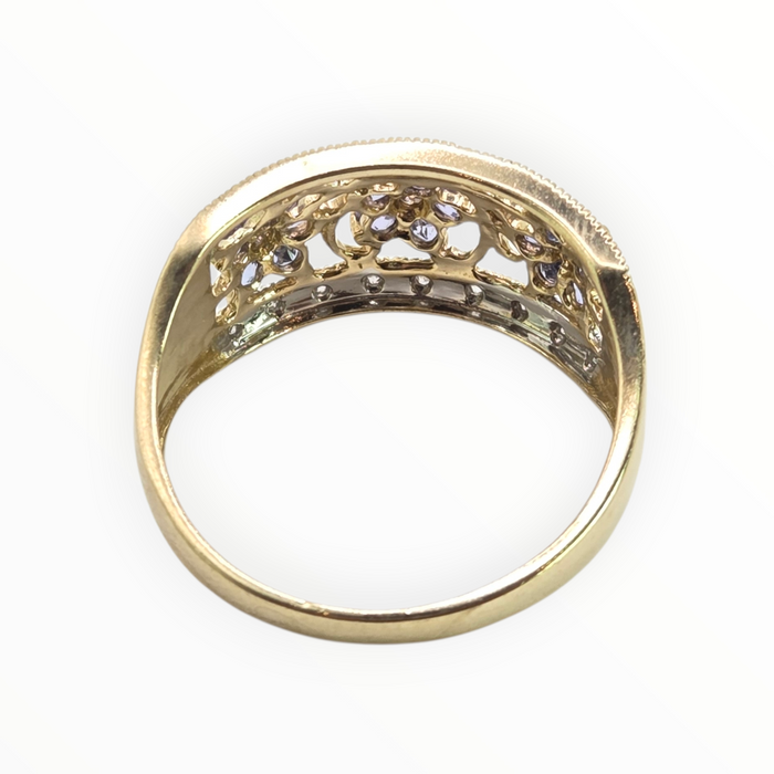 2938- Vintage 9ct Gold Iolites Natural Sparkling Diamonds Flower Head Cocktail Ring