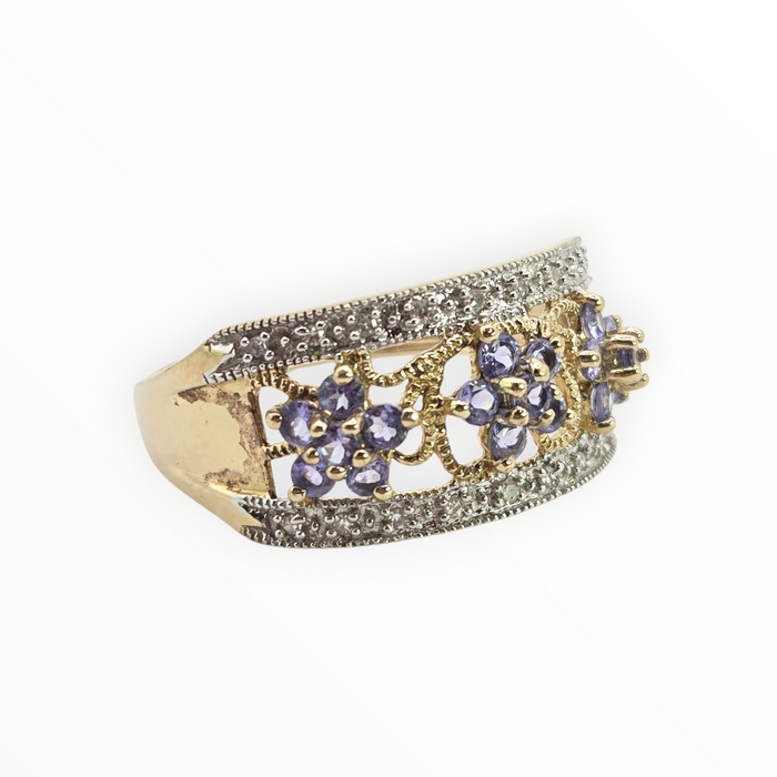 2938- Vintage 9ct Gold Iolites Natural Sparkling Diamonds Flower Head Cocktail Ring