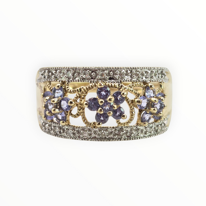 2938- Vintage 9ct Gold Iolites Natural Sparkling Diamonds Flower Head Cocktail Ring