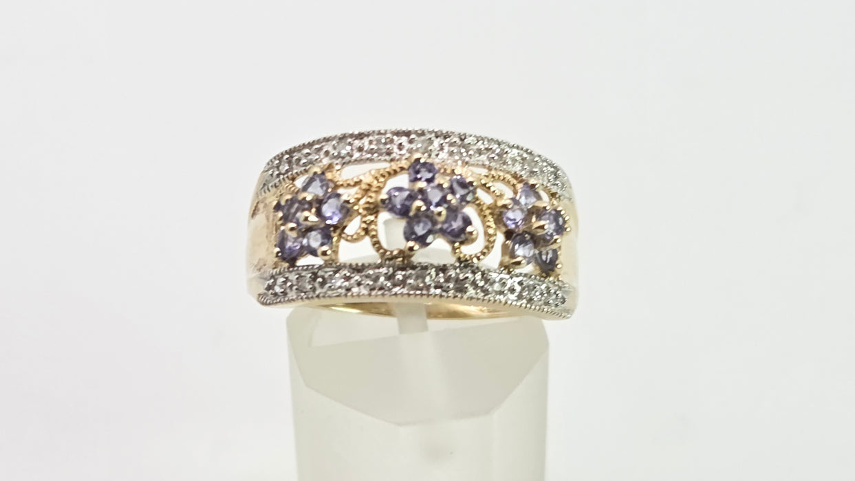 2938- Vintage 9ct Gold Iolites Natural Sparkling Diamonds Flower Head Cocktail Ring