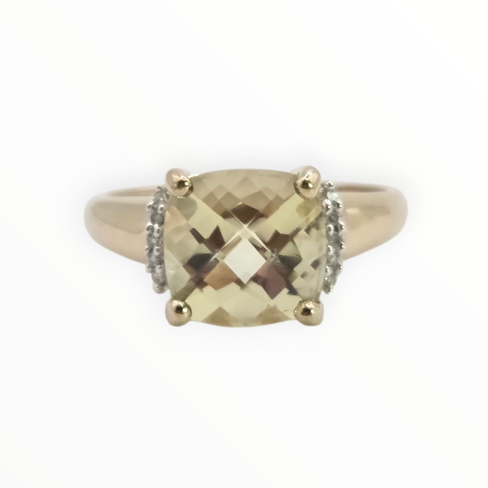 2933: Vintage 9ct Gold Mint Green Citrine 10 Diamonds Dress Ring