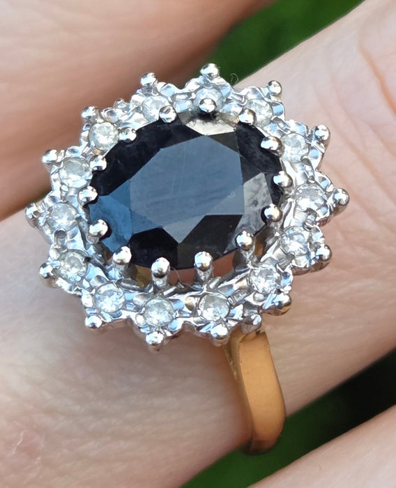 2741: Vintage: 18ct Gold Australian Blue Sapphire Diamonds Diana Cluster Ring - From 1982