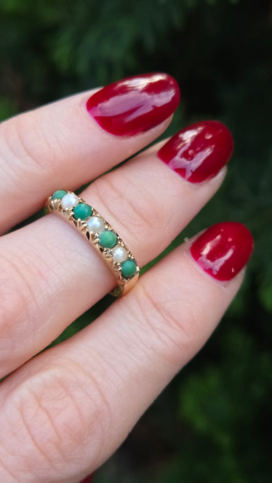 6486 Vintage: 14ct Yellow Gold Turquoise & Seed Pearl Half-Eternity Ring