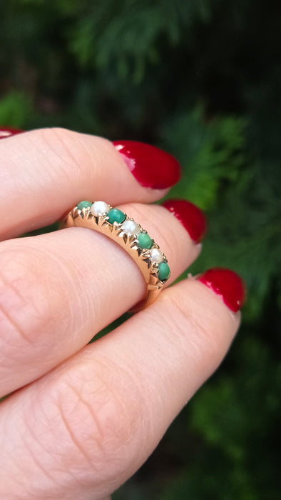 6486 Vintage: 14ct Yellow Gold Turquoise & Seed Pearl Half-Eternity Ring