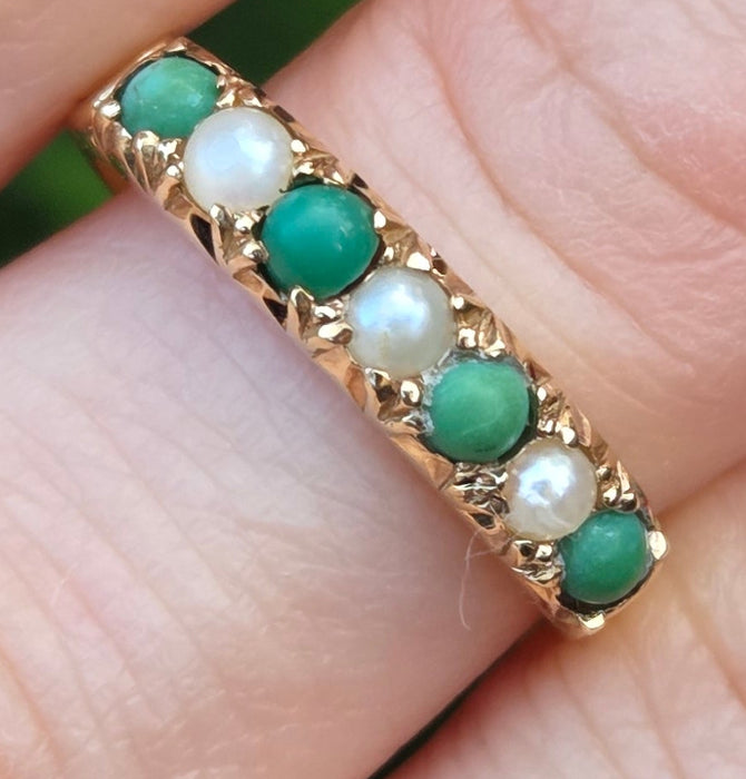 6486 Vintage: 14ct Yellow Gold Turquoise & Seed Pearl Half-Eternity Ring