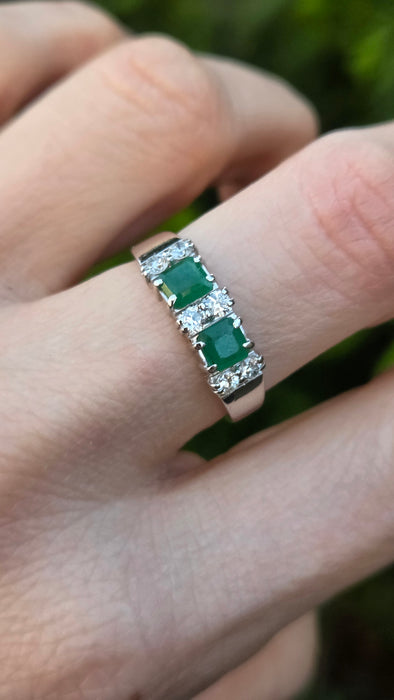 2703: Vintage 18ct White Gold Emeralds Natural Diamonds Ring- From 1978 Rare