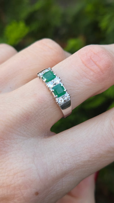 2703: Vintage 18ct White Gold Emeralds Natural Diamonds Ring- From 1978 Rare