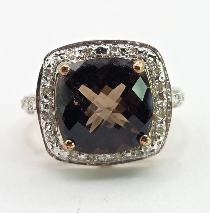 2632; Vintage 9ct Gold Cushion Cut Smokey Quartz Diamonds Cocktail Ring