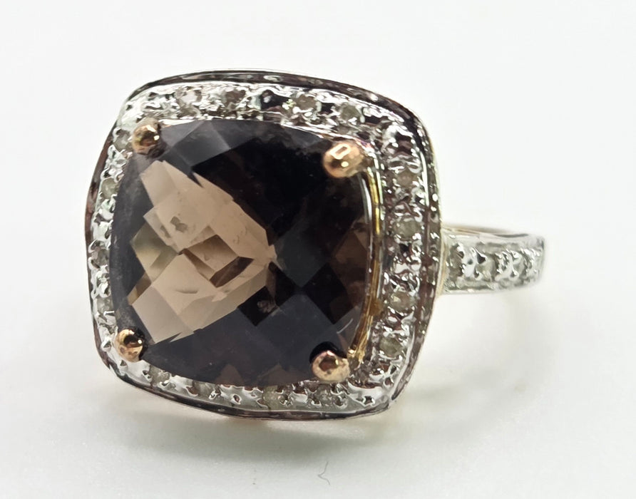 2632; Vintage 9ct Gold Cushion Cut Smokey Quartz Diamonds Cocktail Ring