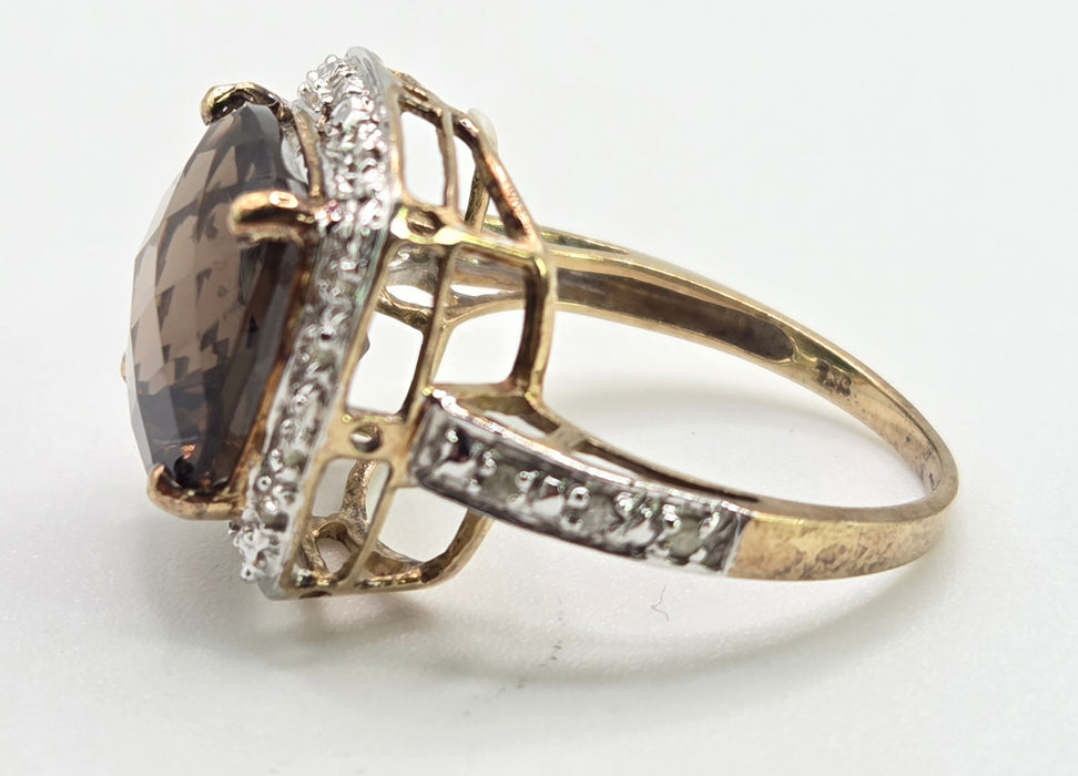 2632; Vintage 9ct Gold Cushion Cut Smokey Quartz Diamonds Cocktail Ring
