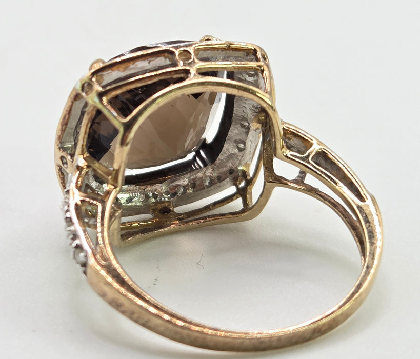 2632; Vintage 9ct Gold Cushion Cut Smokey Quartz Diamonds Cocktail Ring