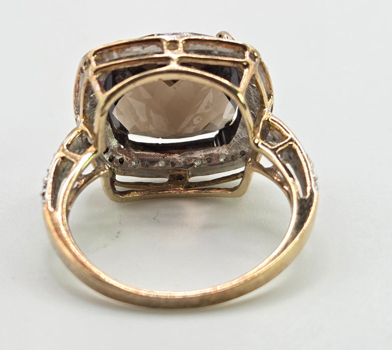 2632; Vintage 9ct Gold Cushion Cut Smokey Quartz Diamonds Cocktail Ring