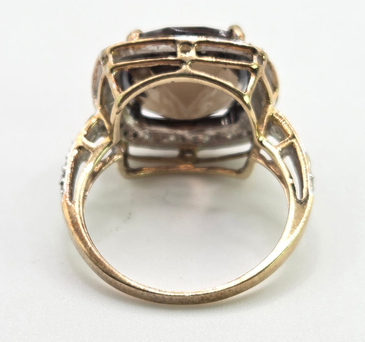 2632; Vintage 9ct Gold Cushion Cut Smokey Quartz Diamonds Cocktail Ring