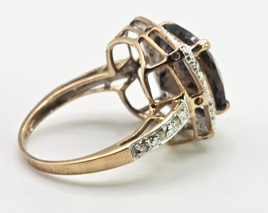 2632; Vintage 9ct Gold Cushion Cut Smokey Quartz Diamonds Cocktail Ring