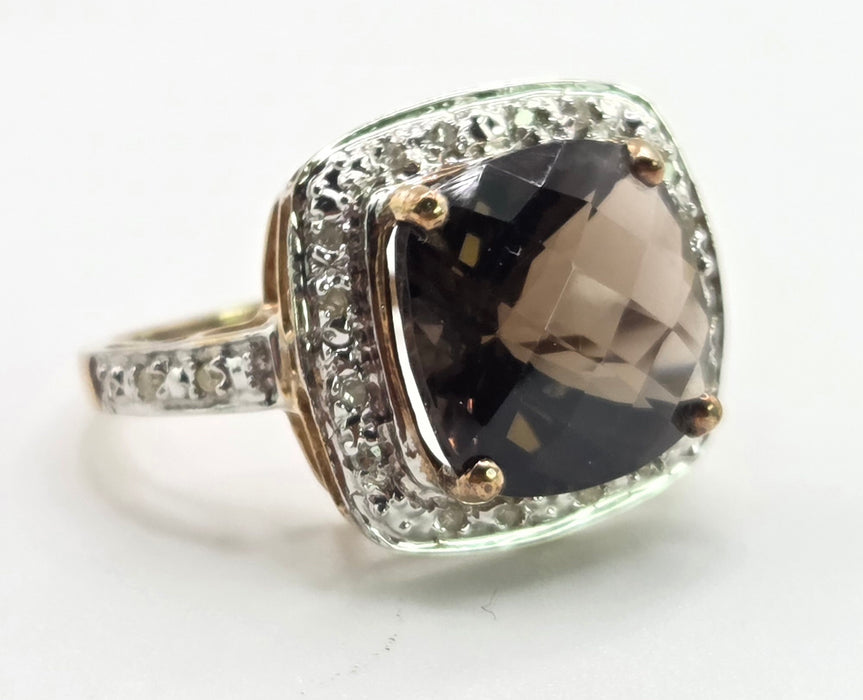2632; Vintage 9ct Gold Cushion Cut Smokey Quartz Diamonds Cocktail Ring