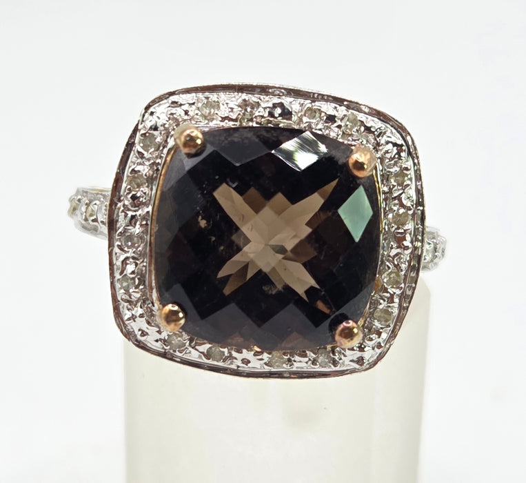 2632; Vintage 9ct Gold Cushion Cut Smokey Quartz Diamonds Cocktail Ring