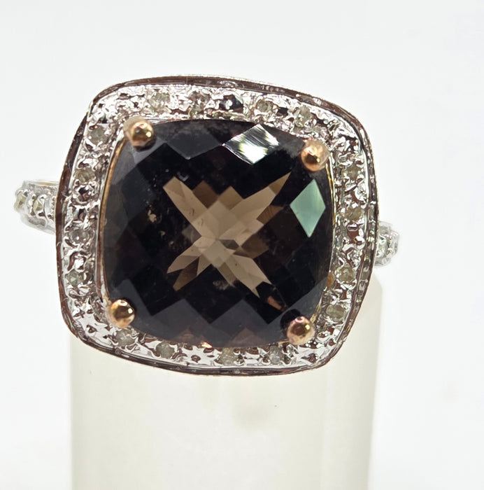 2632; Vintage 9ct Gold Cushion Cut Smokey Quartz Diamonds Cocktail Ring