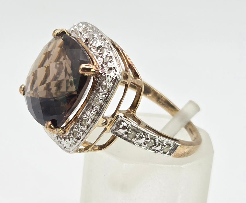 2632; Vintage 9ct Gold Cushion Cut Smokey Quartz Diamonds Cocktail Ring