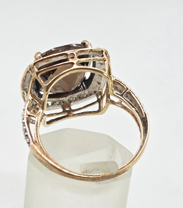2632; Vintage 9ct Gold Cushion Cut Smokey Quartz Diamonds Cocktail Ring