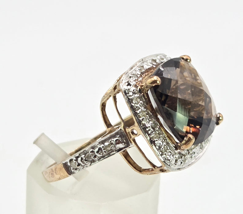 2632; Vintage 9ct Gold Cushion Cut Smokey Quartz Diamonds Cocktail Ring