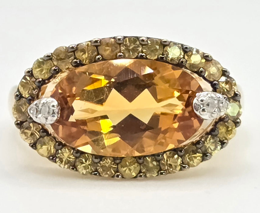 2635- 9ct Gold Citrine, Yellow Sapphires Diamonds Cocktail Ring