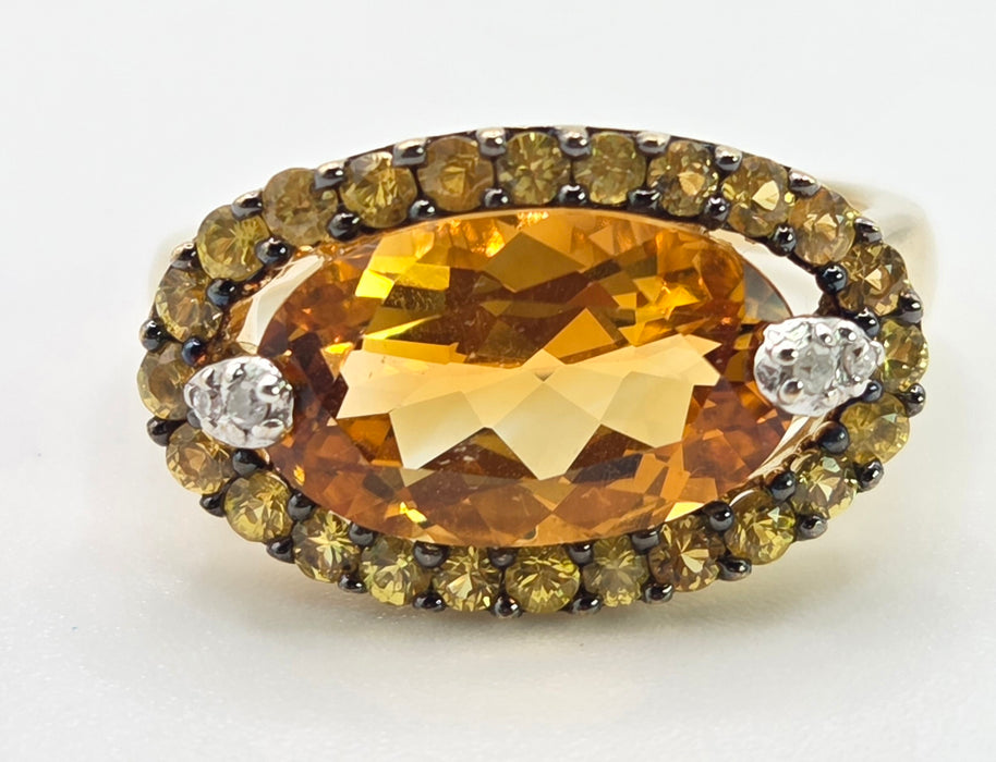 2635- 9ct Gold Citrine, Yellow Sapphires Diamonds Cocktail Ring