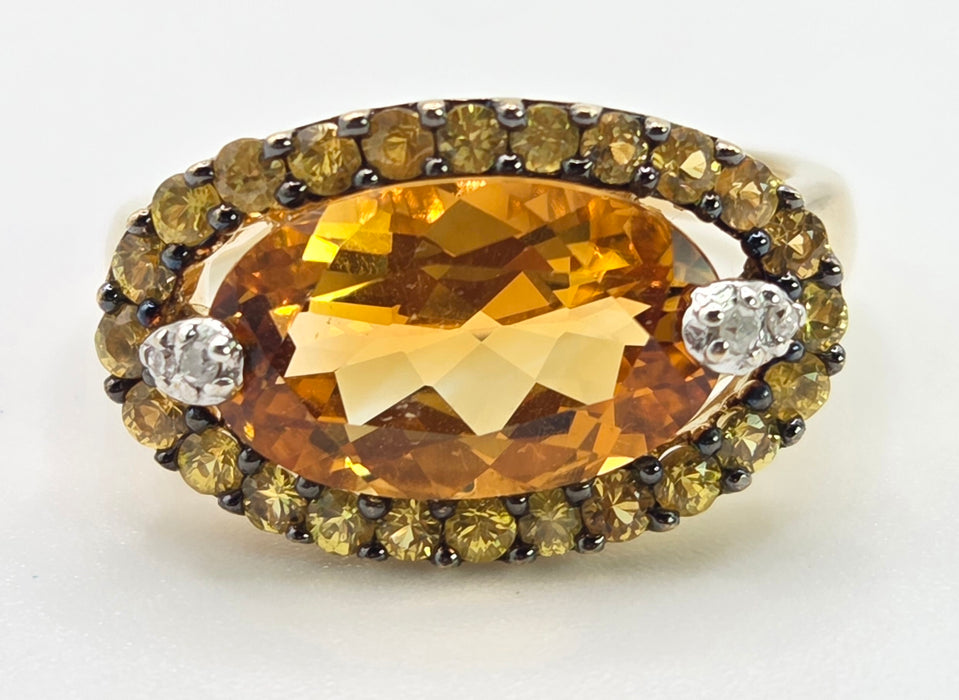 2635- 9ct Gold Citrine, Yellow Sapphires Diamonds Cocktail Ring