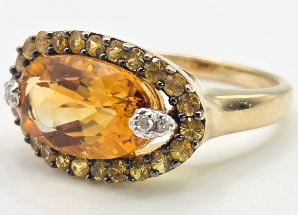 2635- 9ct Gold Citrine, Yellow Sapphires Diamonds Cocktail Ring