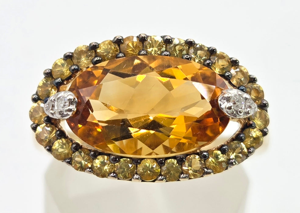 2635- 9ct Gold Citrine, Yellow Sapphires Diamonds Cocktail Ring