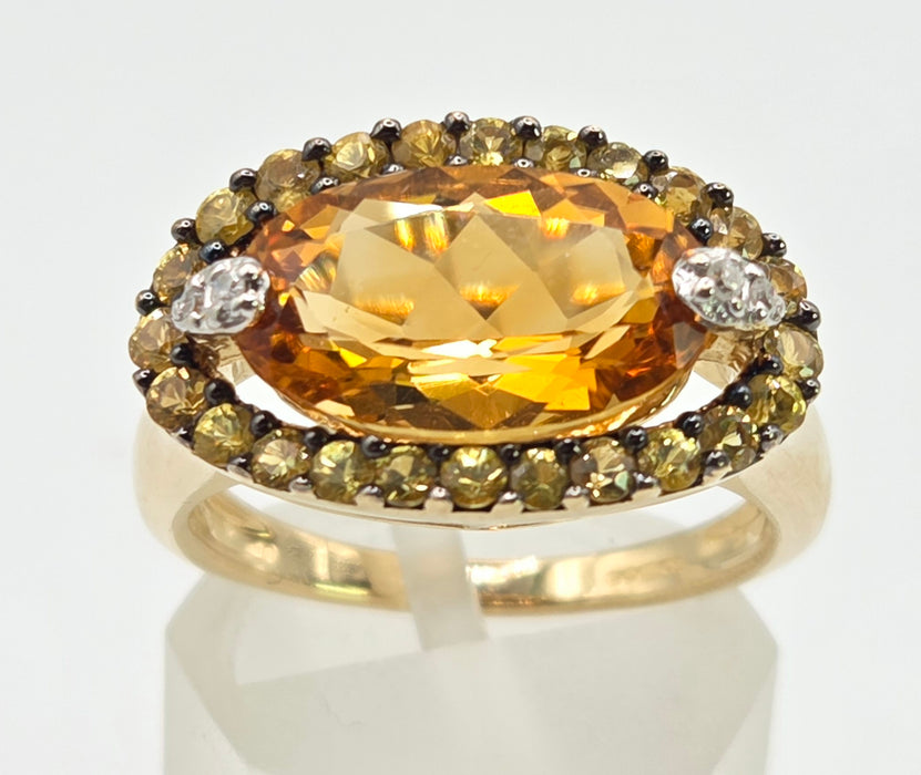 2635- 9ct Gold Citrine, Yellow Sapphires Diamonds Cocktail Ring