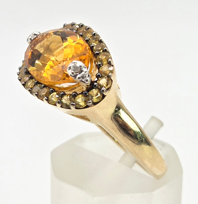 2635- 9ct Gold Citrine, Yellow Sapphires Diamonds Cocktail Ring
