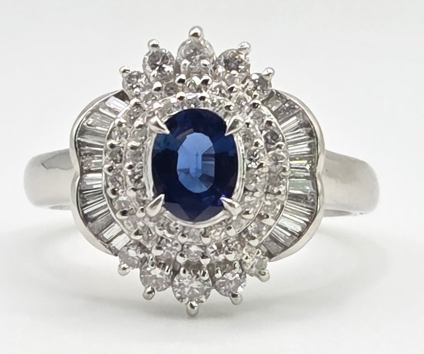 2733: Vintage Platinum Cornflower Blue Sapphire Diamonds Cocktail Cluster Ring