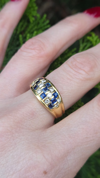 6510 Vintage: 18ct Yellow Gold Blue Sapphire & Diamond Chequerboard Half Hoop Ring