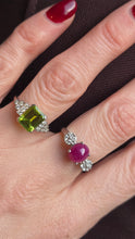 Load image into Gallery viewer, 1805: Vintage: Platinum Emerald Cut Peridot Diamonds Ring
