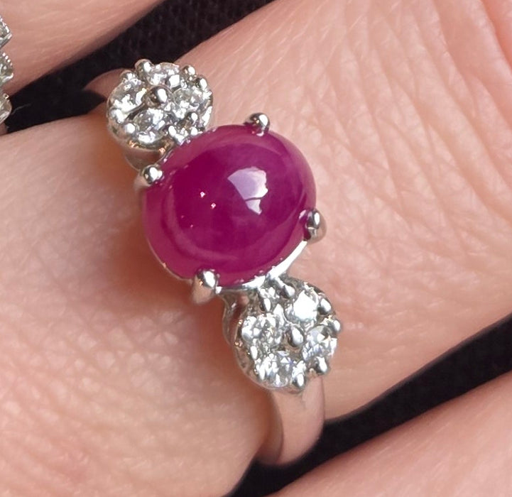 6514 Vintage: 18ct White Gold Cabochon Ruby & Diamond Dress Ring