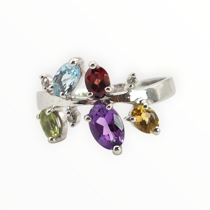 2655: Vintage 9ct white Gold Abstract Multi-Gem Dress Ring