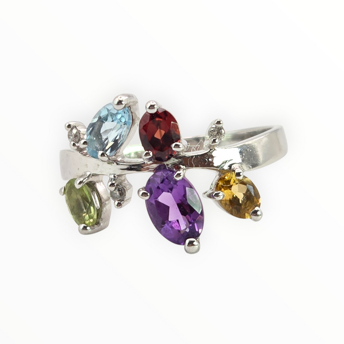 2655: Vintage 9ct white Gold Abstract Multi-Gem Dress Ring