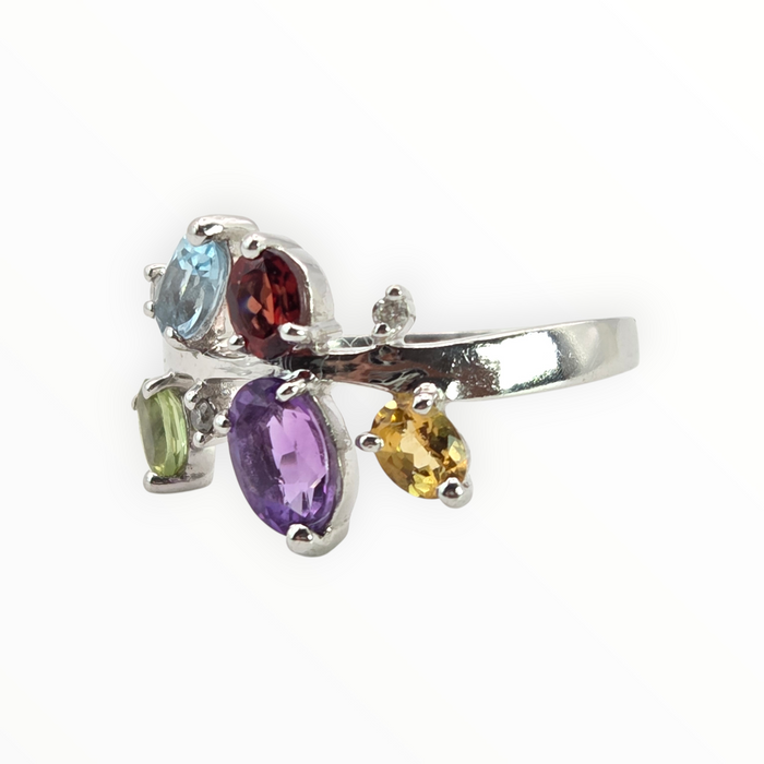 2655: Vintage 9ct white Gold Abstract Multi-Gem Dress Ring
