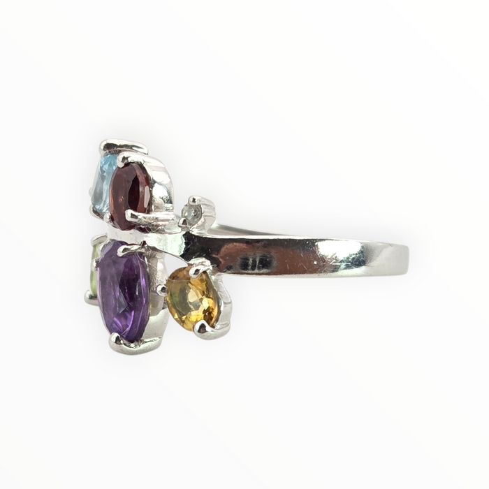 2655: Vintage 9ct white Gold Abstract Multi-Gem Dress Ring