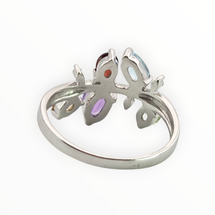 2655: Vintage 9ct white Gold Abstract Multi-Gem Dress Ring