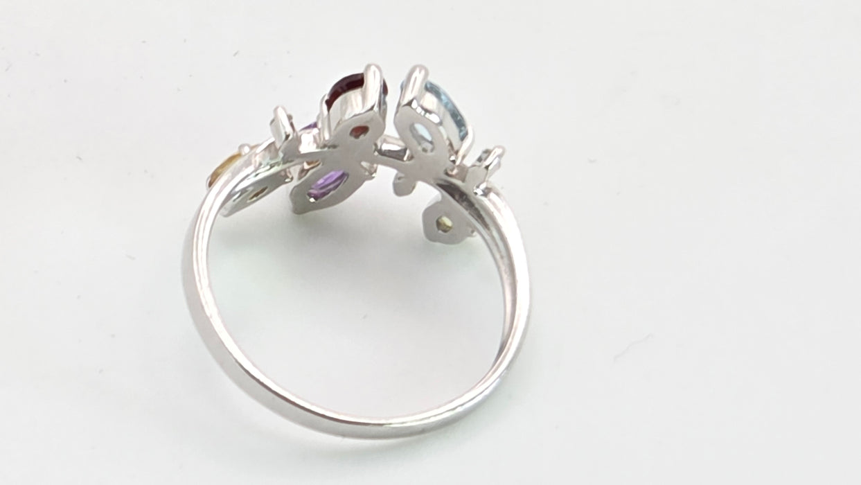 2655: Vintage 9ct white Gold Abstract Multi-Gem Dress Ring