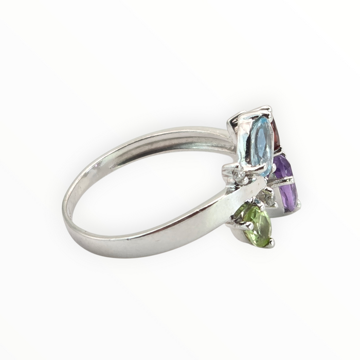 2655: Vintage 9ct white Gold Abstract Multi-Gem Dress Ring