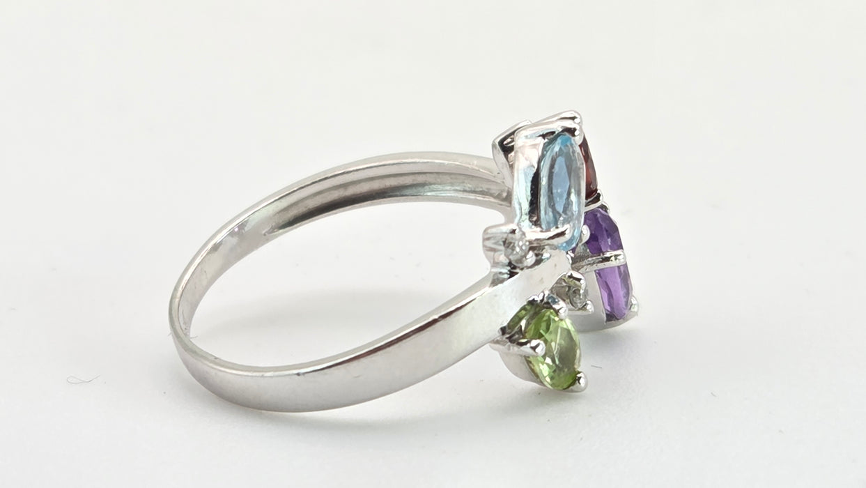 2655: Vintage 9ct white Gold Abstract Multi-Gem Dress Ring
