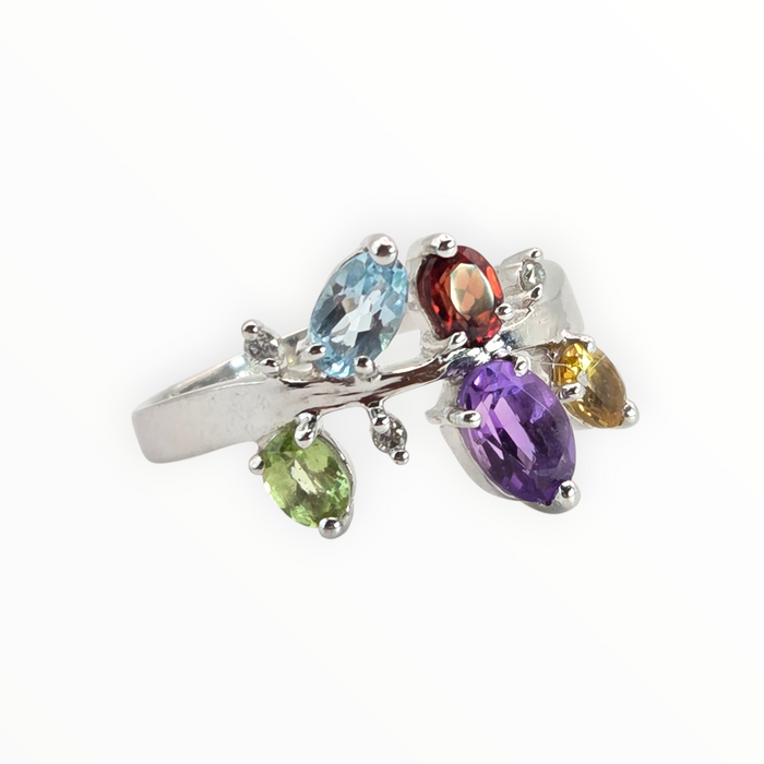 2655: Vintage 9ct white Gold Abstract Multi-Gem Dress Ring