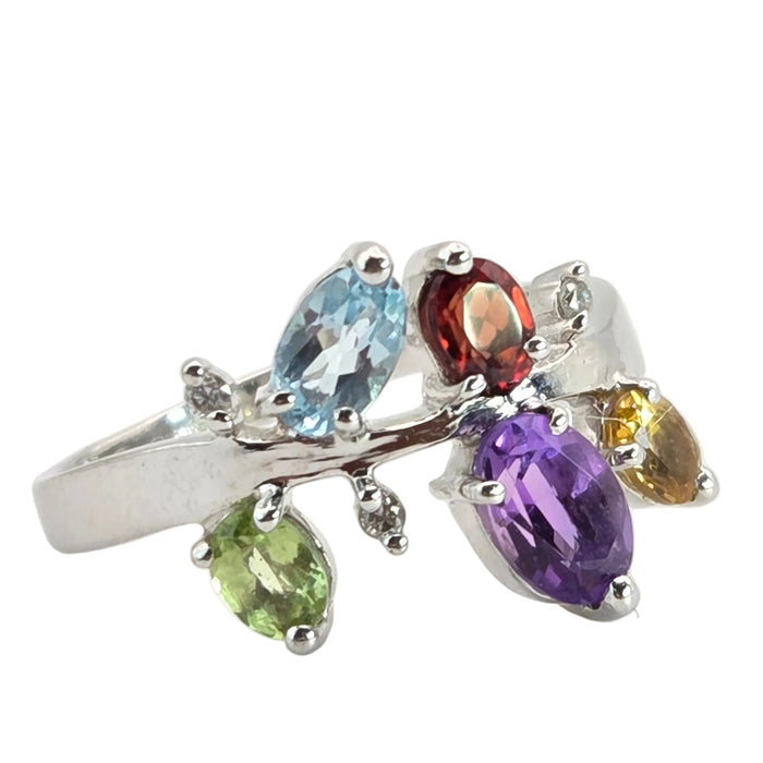 2655: Vintage 9ct white Gold Abstract Multi-Gem Dress Ring