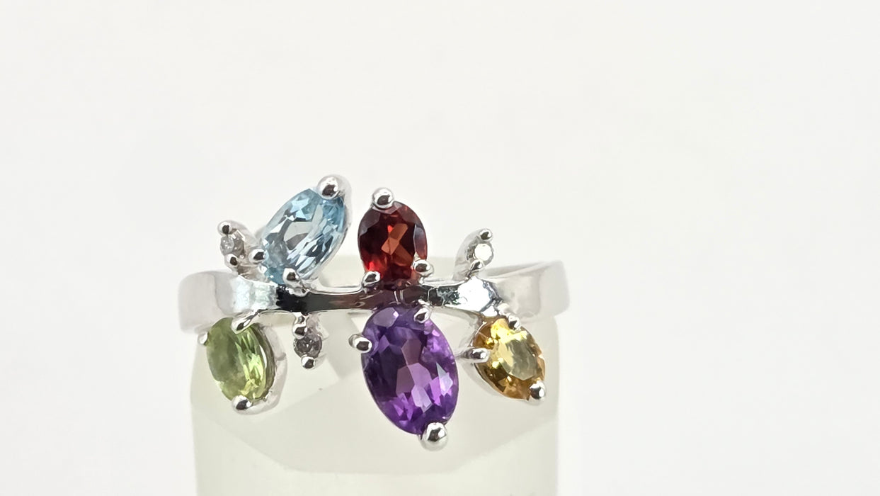 2655: Vintage 9ct white Gold Abstract Multi-Gem Dress Ring